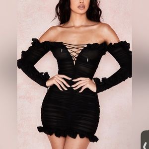 House of CB Tatyana Black Ruffle Lace up Mini dress
